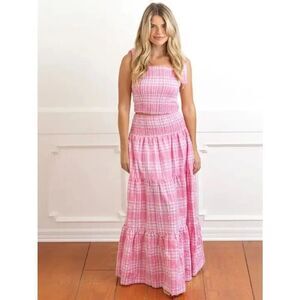 8 Oak Lane Pucker Pink Smocked Gingham Tie-Strap Skirt Set Size L